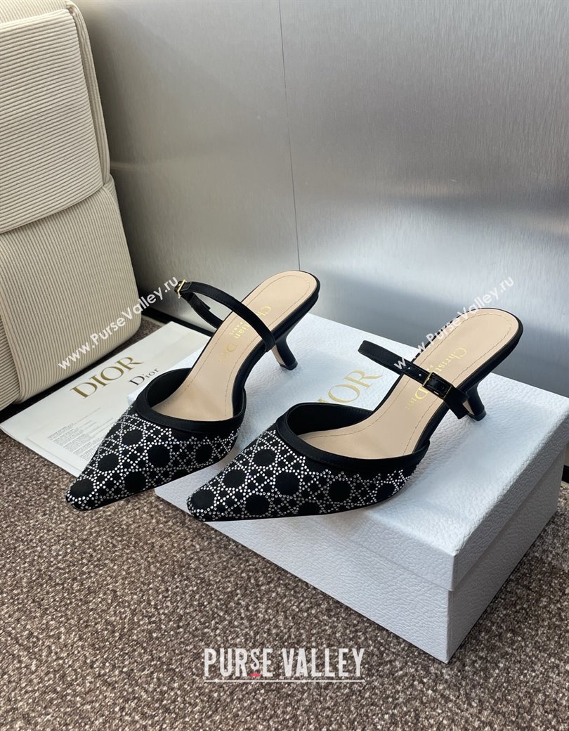 Dior Capture Strap Mules 6.5cm in Satin with Strass Cannage Motif Black 2025 (MD-250822085)