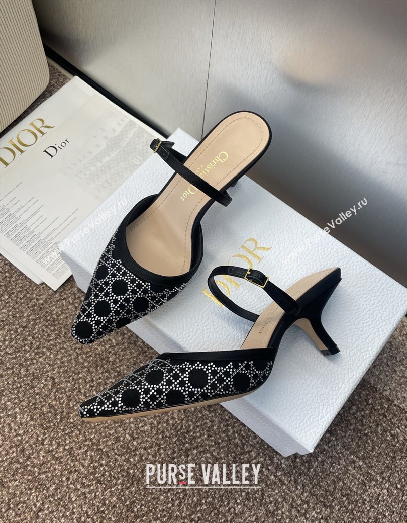 Dior Capture Strap Mules 6.5cm in Satin with Strass Cannage Motif Black 2025 (MD-250822085)