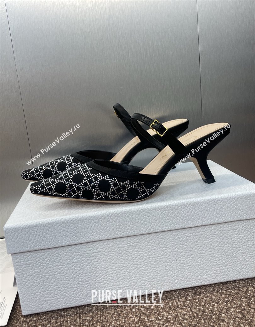 Dior Capture Strap Mules 6.5cm in Satin with Strass Cannage Motif Black 2025 (MD-250822085)