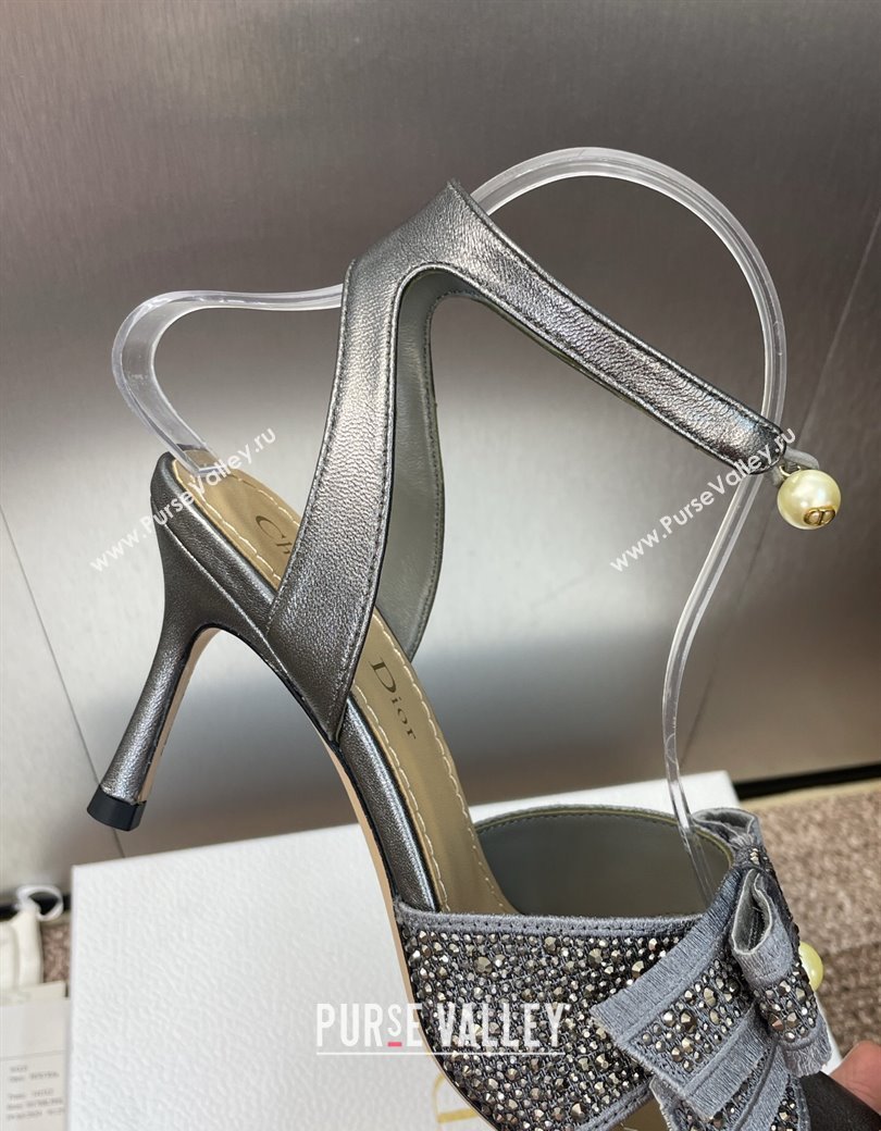Dior Or Adiorable Heeled Sandals 7cm in Embroidered Cotton and Lambskin with Strass, Pearls and Bow Grey 2025 (JC-250822027)