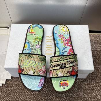 Dior Dway Flat Slides Sandal in Straw and Embroidered Cotton Green/Blue 2025 DR082204 (JC-250822086)