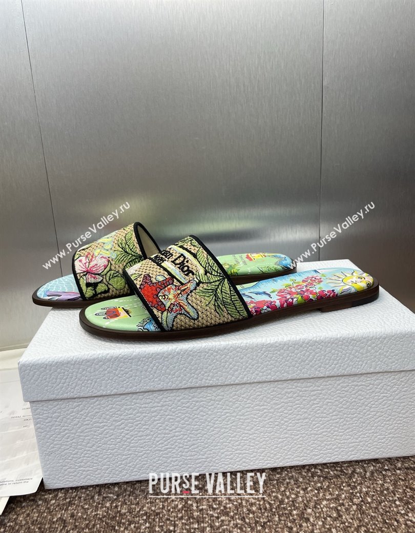 Dior Dway Flat Slides Sandal in Straw and Embroidered Cotton Green/Blue 2025 DR082204 (JC-250822086)