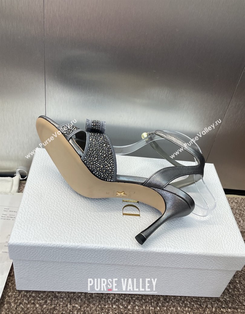 Dior Or Adiorable Heeled Sandals 7cm in Embroidered Cotton and Lambskin with Strass, Pearls and Bow Grey 2025 (JC-250822027)