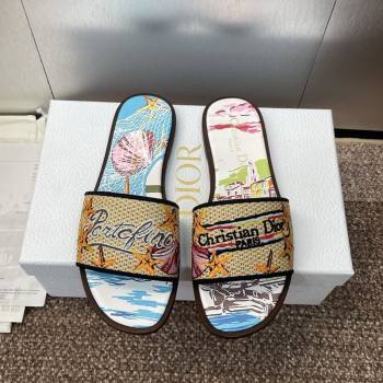 Dior Dway Flat Slides Sandal in Straw and Embroidered Cotton Blue/White 2025 DR082204 (JC-250822087)