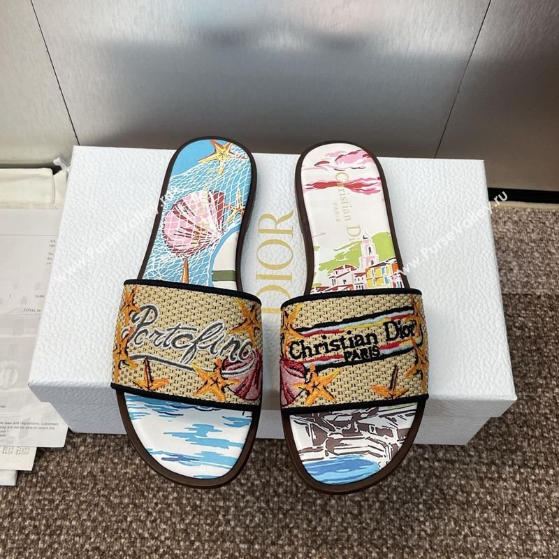 Dior Dway Flat Slides Sandal in Straw and Embroidered Cotton Blue/White 2025 DR082204 (JC-250822087)