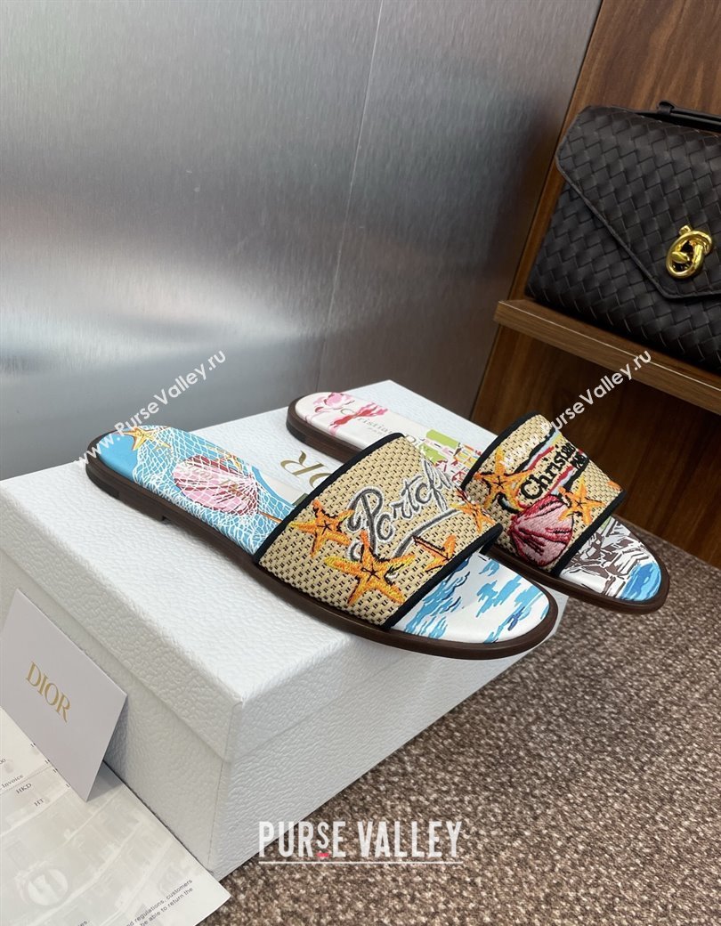Dior Dway Flat Slides Sandal in Straw and Embroidered Cotton Blue/White 2025 DR082204 (JC-250822087)