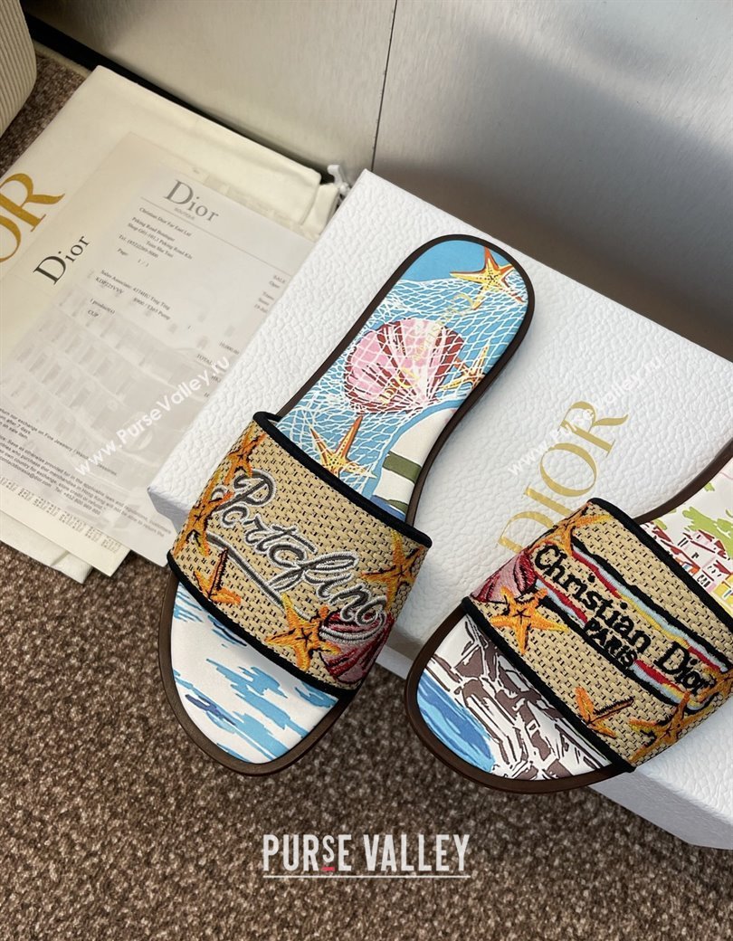 Dior Dway Flat Slides Sandal in Straw and Embroidered Cotton Blue/White 2025 DR082204 (JC-250822087)