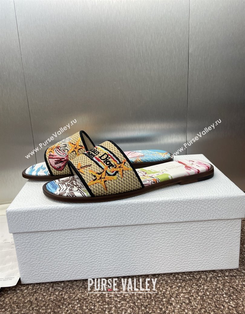 Dior Dway Flat Slides Sandal in Straw and Embroidered Cotton Blue/White 2025 DR082204 (JC-250822087)