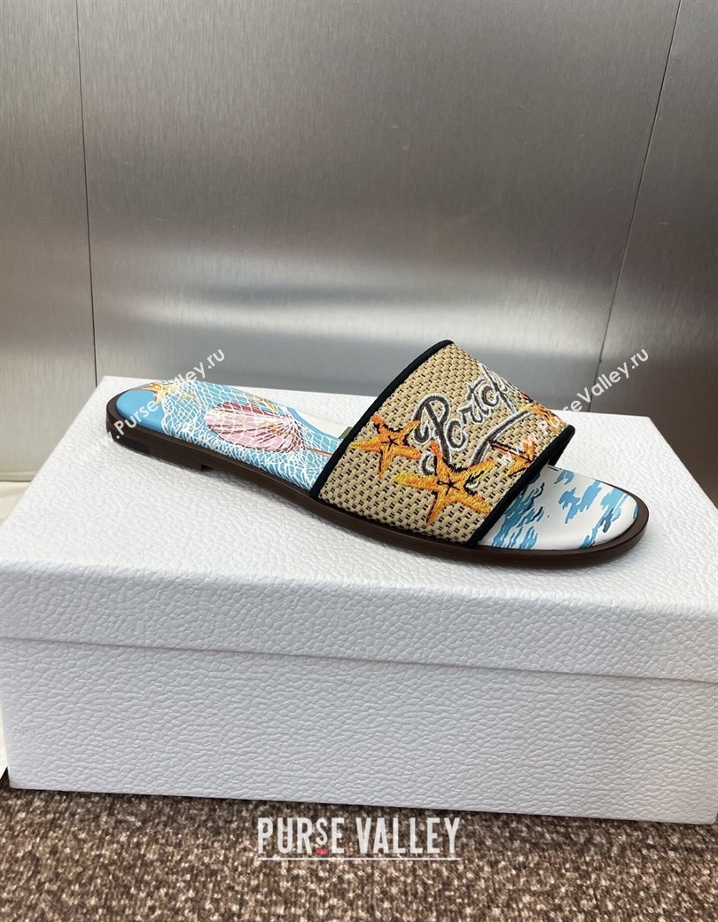 Dior Dway Flat Slides Sandal in Straw and Embroidered Cotton Blue/White 2025 DR082204 (JC-250822087)