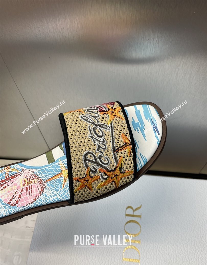 Dior Dway Flat Slides Sandal in Straw and Embroidered Cotton Blue/White 2025 DR082204 (JC-250822087)