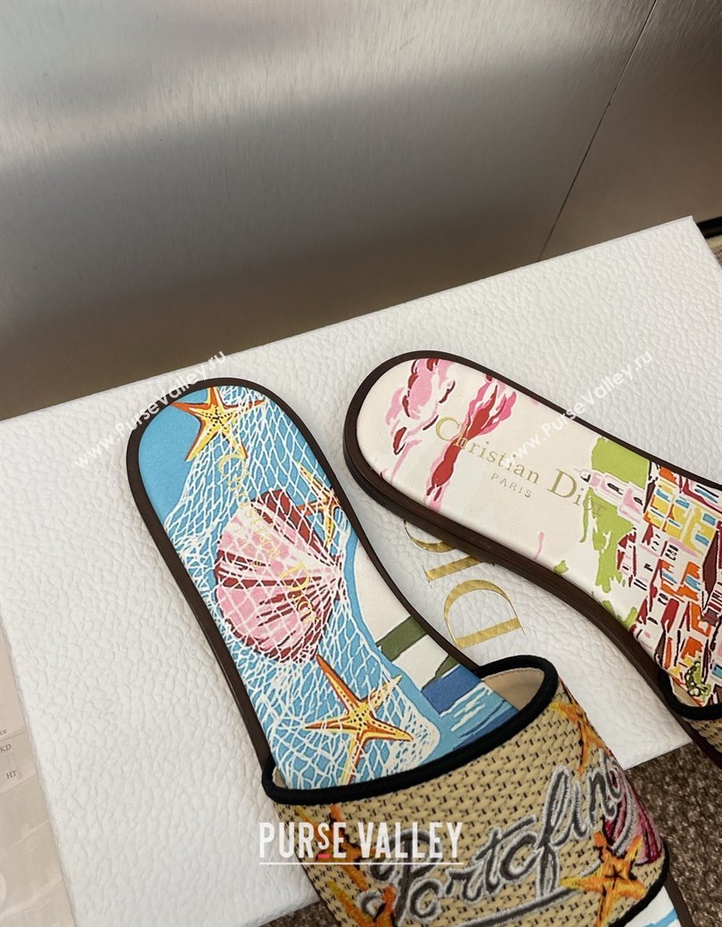 Dior Dway Flat Slides Sandal in Straw and Embroidered Cotton Blue/White 2025 DR082204 (JC-250822087)