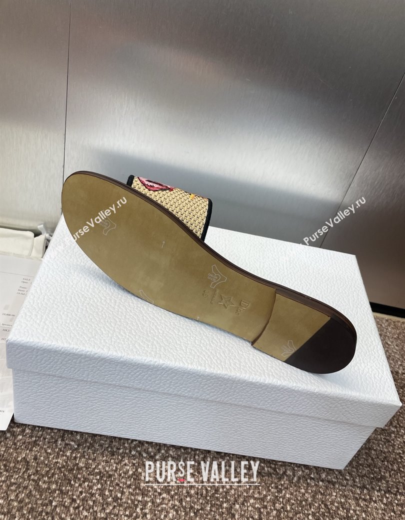Dior Dway Flat Slides Sandal in Straw and Embroidered Cotton Blue/White 2025 DR082204 (JC-250822087)
