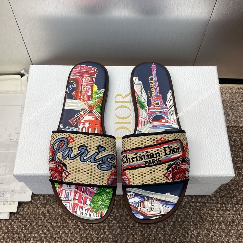 Dior Dway Flat Slides Sandal in Straw and Embroidered Cotton Deep Blue 2025 DR082204 (JC-250822088)