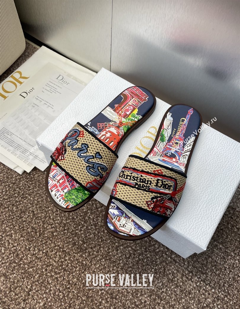 Dior Dway Flat Slides Sandal in Straw and Embroidered Cotton Deep Blue 2025 DR082204 (JC-250822088)
