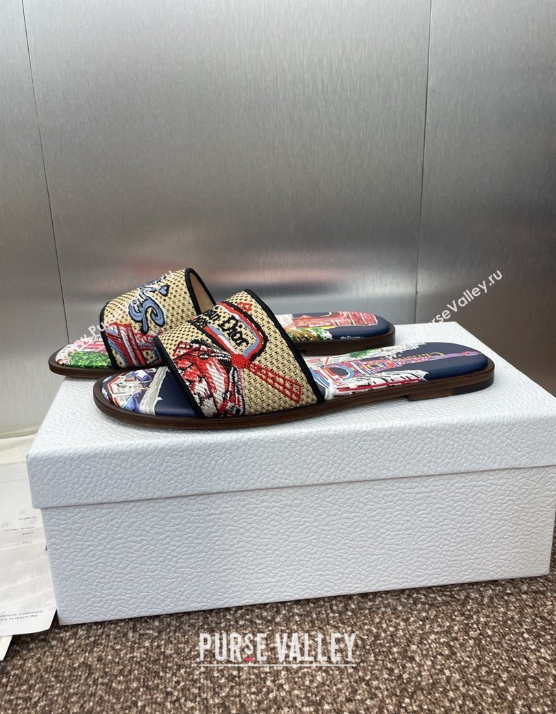 Dior Dway Flat Slides Sandal in Straw and Embroidered Cotton Deep Blue 2025 DR082204 (JC-250822088)