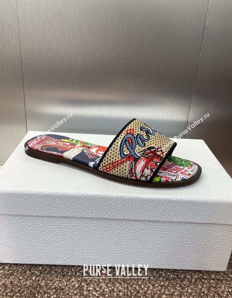 Dior Dway Flat Slides Sandal in Straw and Embroidered Cotton Deep Blue 2025 DR082204 (JC-250822088)