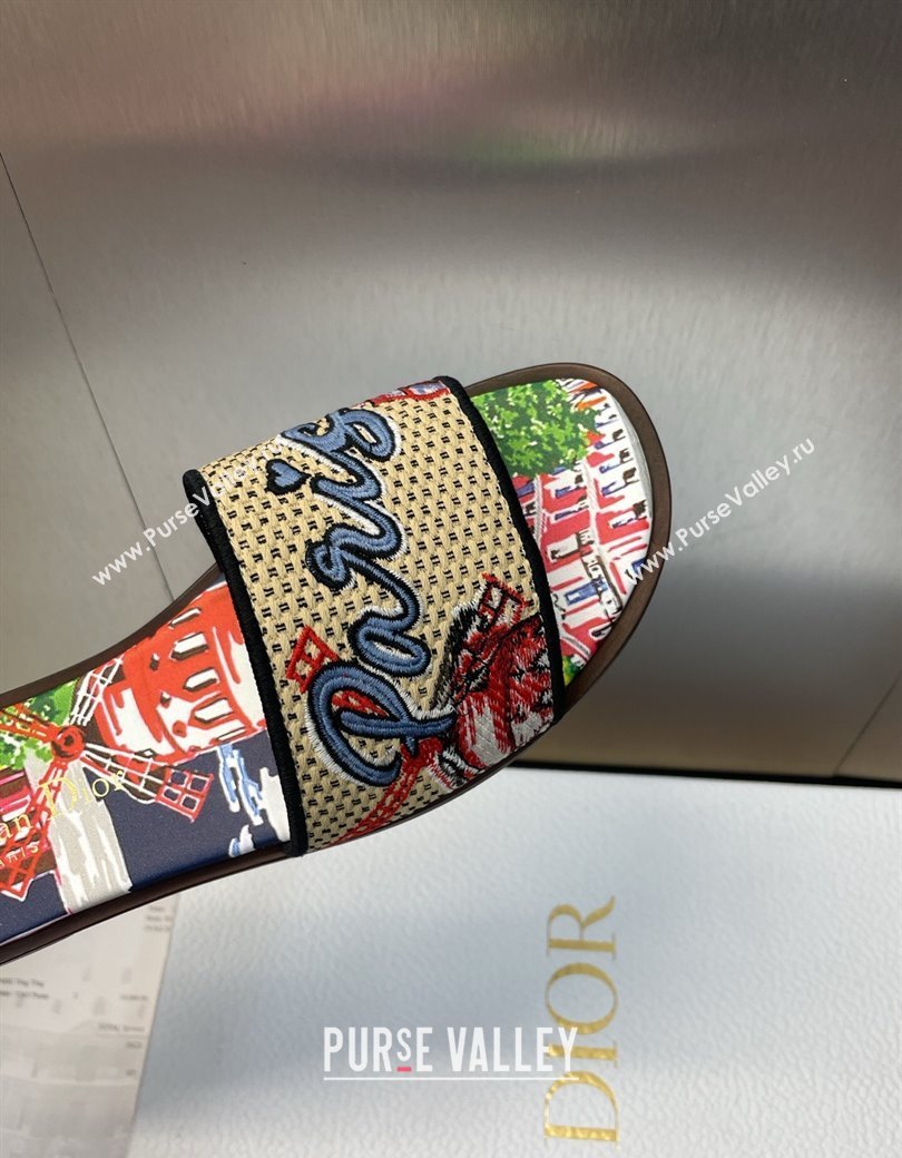Dior Dway Flat Slides Sandal in Straw and Embroidered Cotton Deep Blue 2025 DR082204 (JC-250822088)