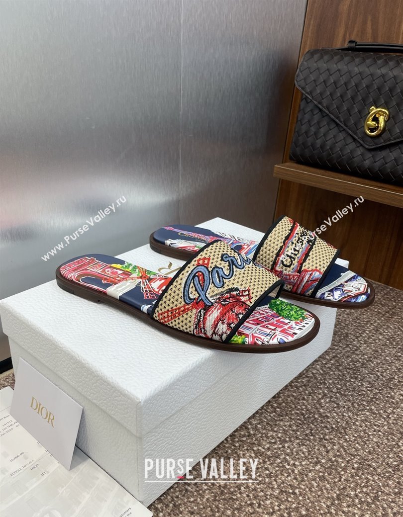 Dior Dway Flat Slides Sandal in Straw and Embroidered Cotton Deep Blue 2025 DR082204 (JC-250822088)