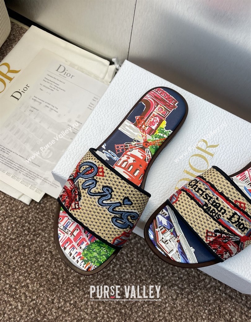 Dior Dway Flat Slides Sandal in Straw and Embroidered Cotton Deep Blue 2025 DR082204 (JC-250822088)