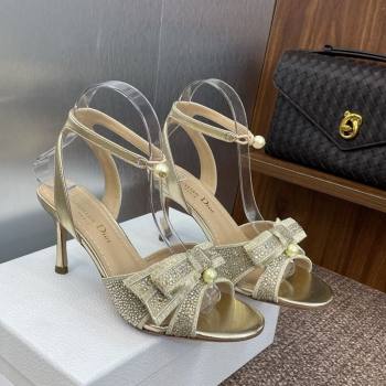 Dior Or Adiorable Heeled Sandals 7cm in Embroidered Cotton and Lambskin with Strass, Pearls and Bow Gold 2025 (JC-250822028)