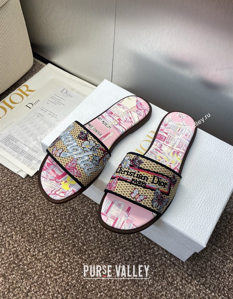 Dior Dway Flat Slides Sandal in Straw and Embroidered Cotton Light Pink 2025 DR082204 (JC-250822089)