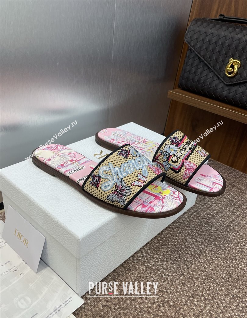 Dior Dway Flat Slides Sandal in Straw and Embroidered Cotton Light Pink 2025 DR082204 (JC-250822089)
