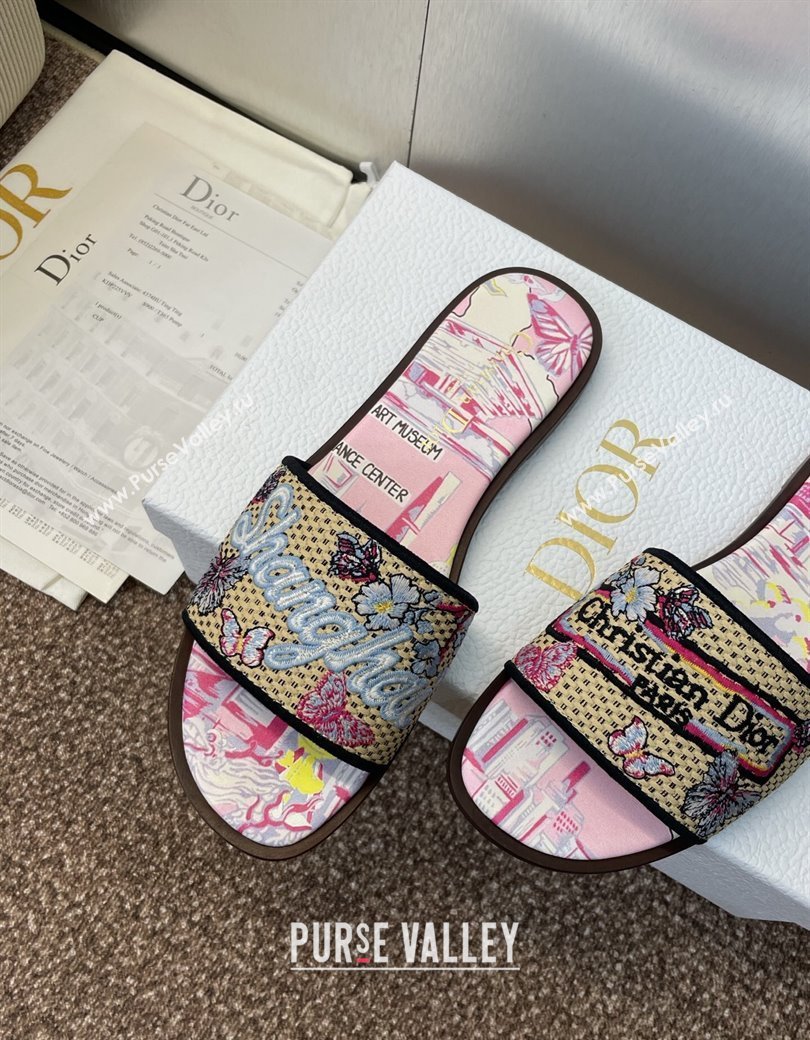 Dior Dway Flat Slides Sandal in Straw and Embroidered Cotton Light Pink 2025 DR082204 (JC-250822089)