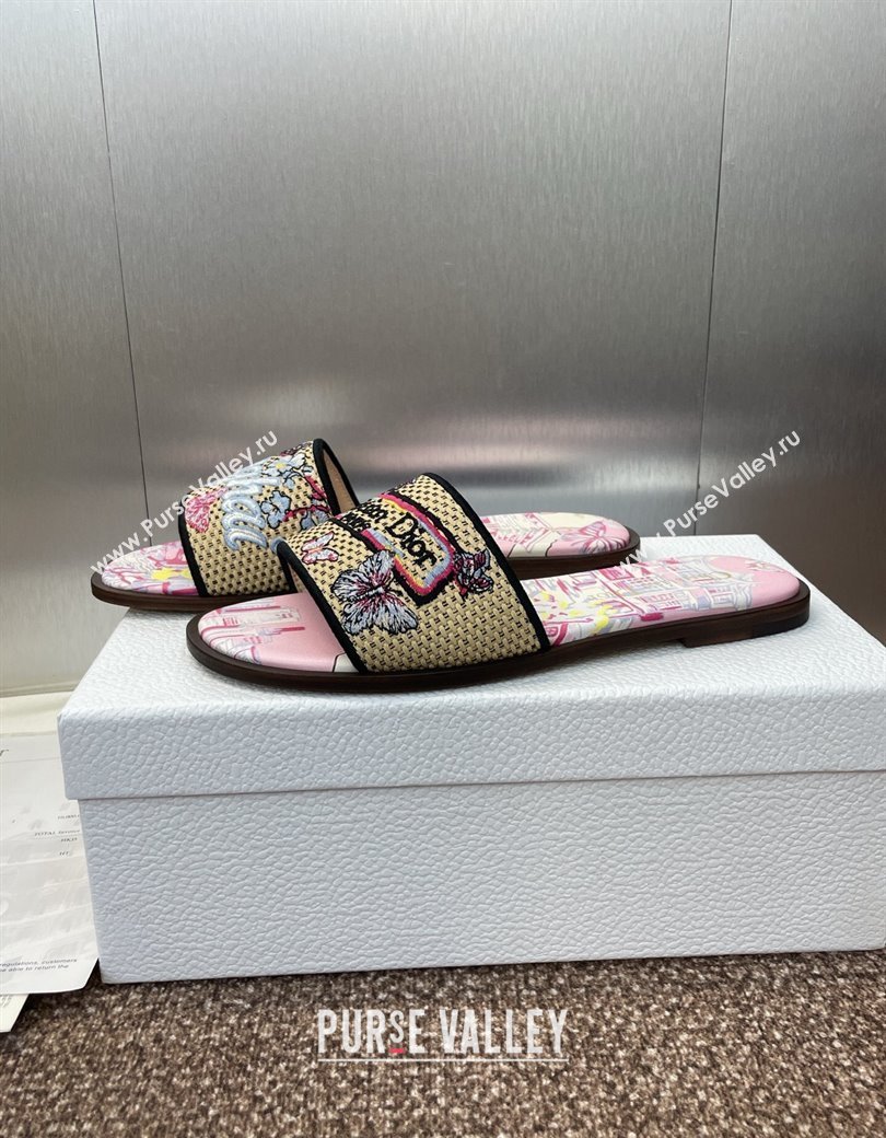 Dior Dway Flat Slides Sandal in Straw and Embroidered Cotton Light Pink 2025 DR082204 (JC-250822089)