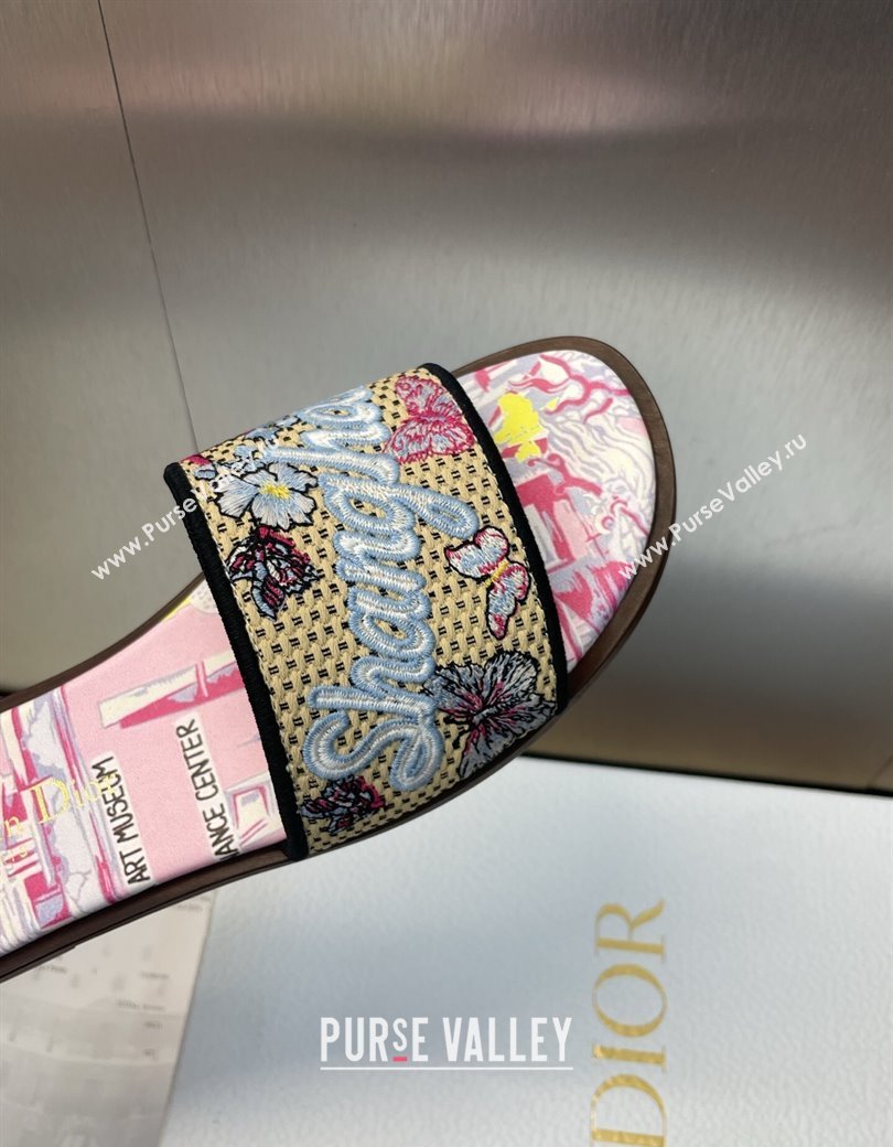 Dior Dway Flat Slides Sandal in Straw and Embroidered Cotton Light Pink 2025 DR082204 (JC-250822089)