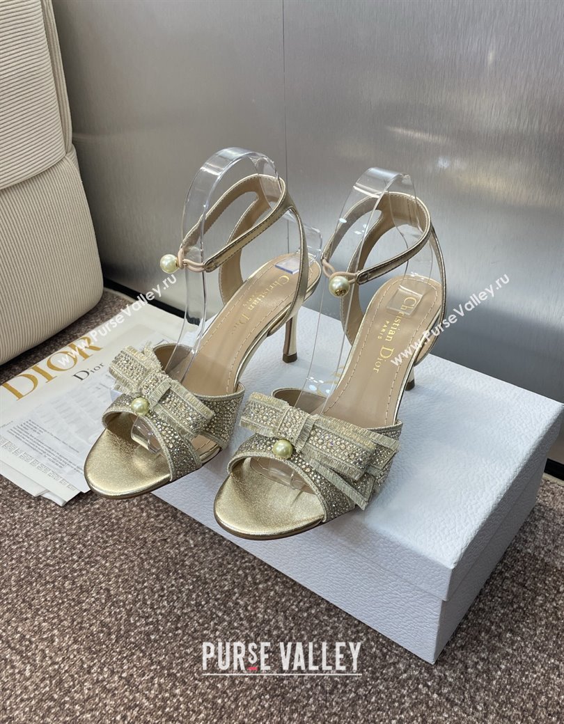 Dior Or Adiorable Heeled Sandals 7cm in Embroidered Cotton and Lambskin with Strass, Pearls and Bow Gold 2025 (JC-250822028)