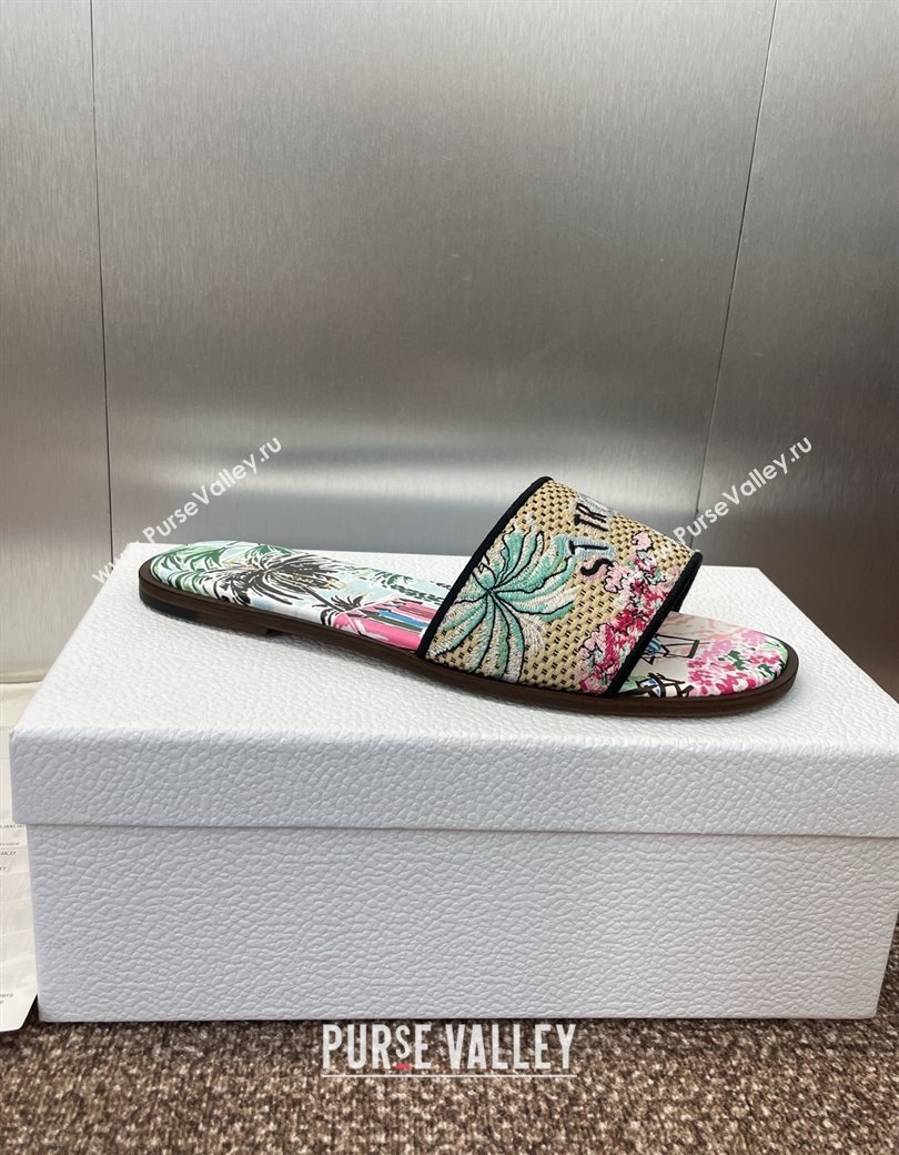 Dior Dway Flat Slides Sandal in Straw and Embroidered Cotton Light Blue 2025 DR082204 (JC-250822090)