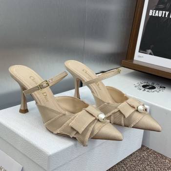 Dior Adiorable Heeled Strap Mules 7cm in Fringed Grosgrain with Pearls Bow Beige 2025 (JC-250822033)