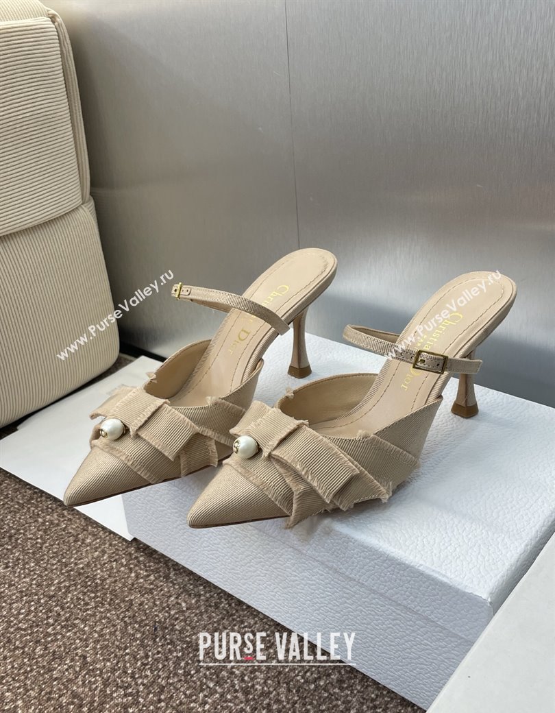 Dior Adiorable Heeled Strap Mules 7cm in Fringed Grosgrain with Pearls Bow Beige 2025 (JC-250822033)