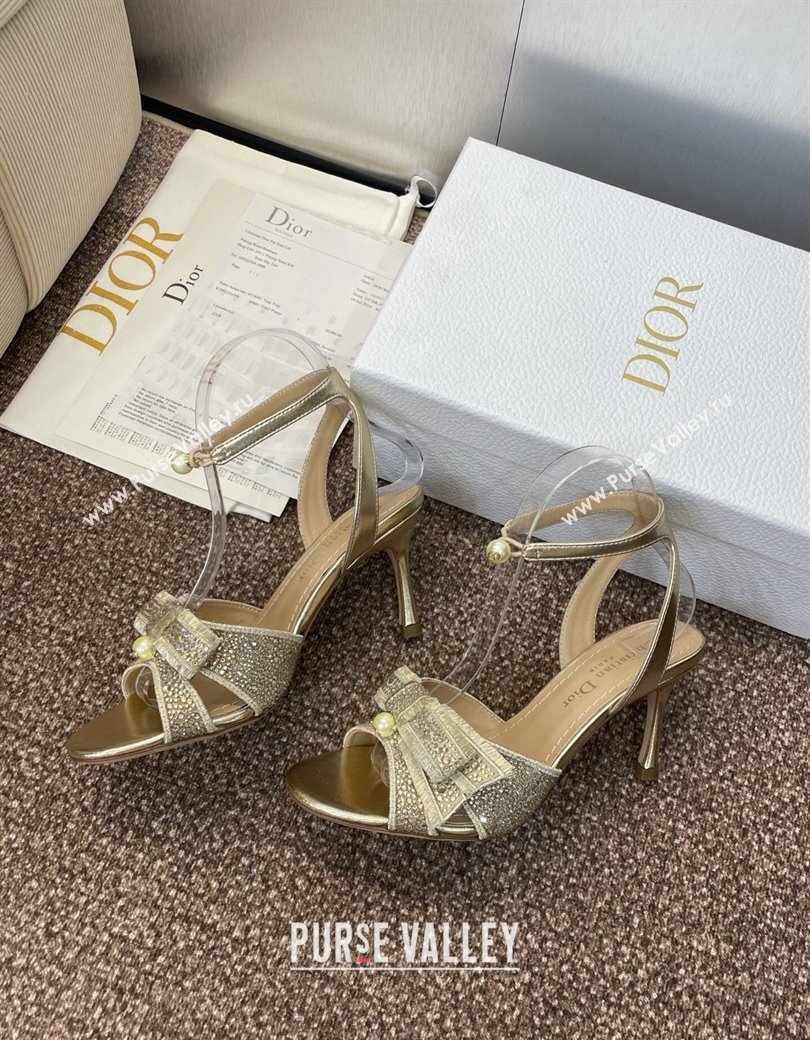 Dior Or Adiorable Heeled Sandals 7cm in Embroidered Cotton and Lambskin with Strass, Pearls and Bow Gold 2025 (JC-250822028)