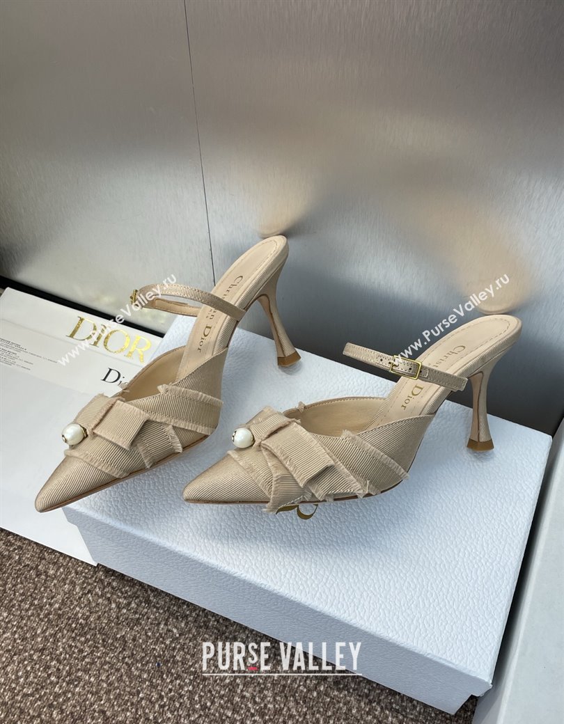 Dior Adiorable Heeled Strap Mules 7cm in Fringed Grosgrain with Pearls Bow Beige 2025 (JC-250822033)