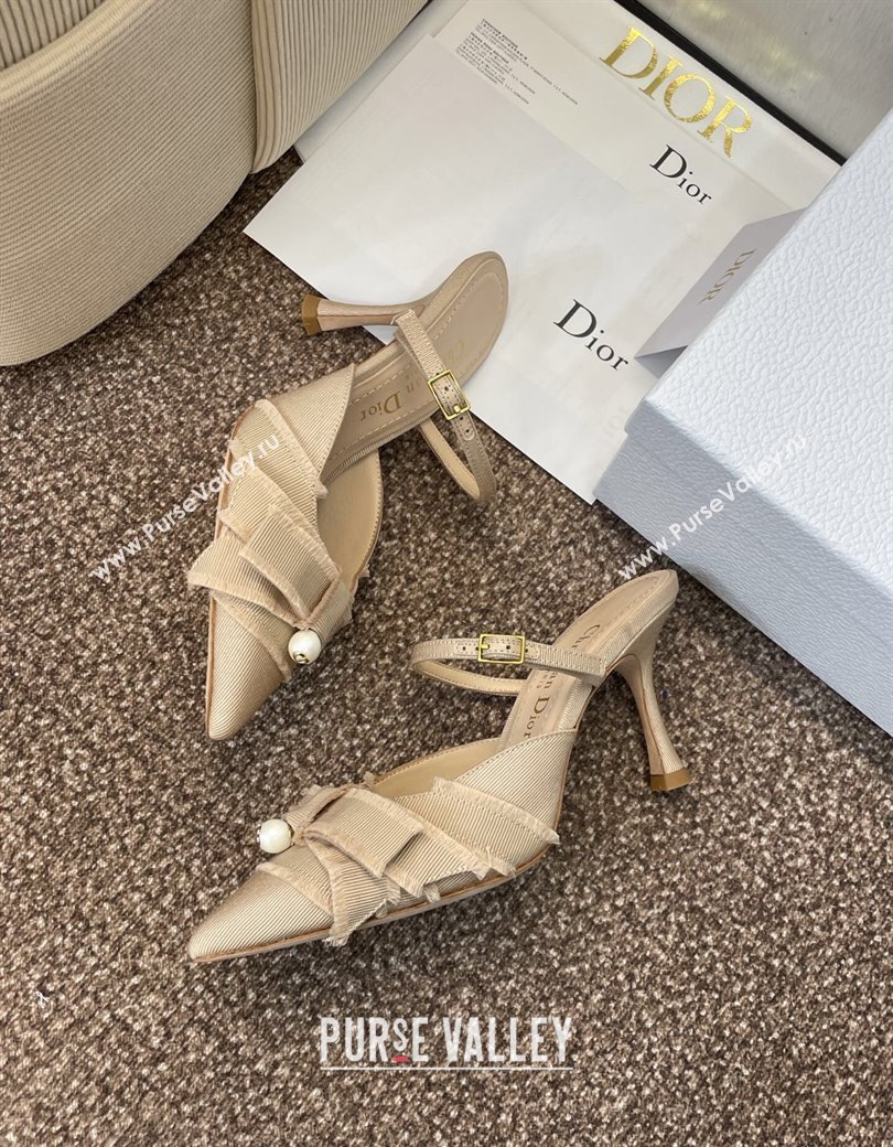 Dior Adiorable Heeled Strap Mules 7cm in Fringed Grosgrain with Pearls Bow Beige 2025 (JC-250822033)