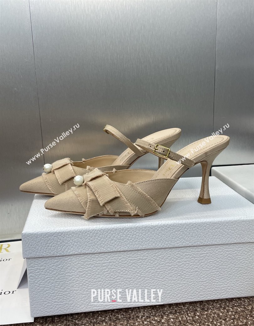 Dior Adiorable Heeled Strap Mules 7cm in Fringed Grosgrain with Pearls Bow Beige 2025 (JC-250822033)