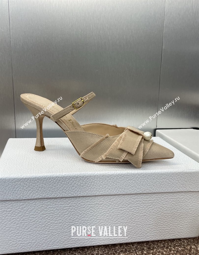 Dior Adiorable Heeled Strap Mules 7cm in Fringed Grosgrain with Pearls Bow Beige 2025 (JC-250822033)