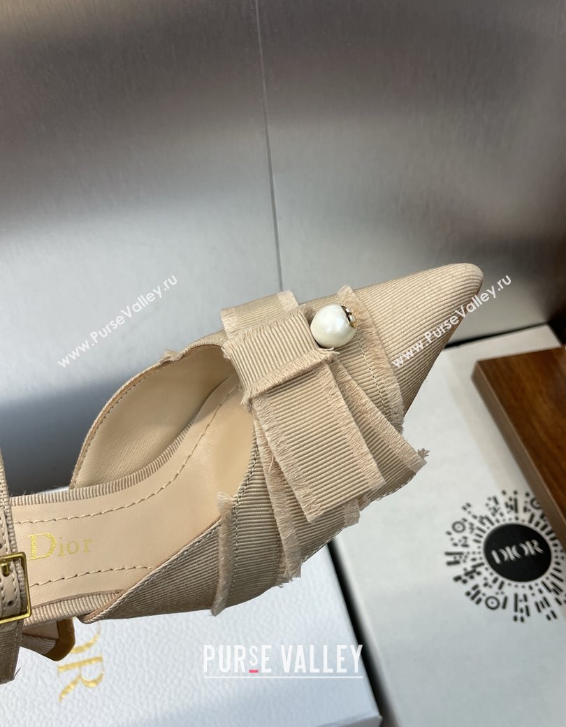 Dior Adiorable Heeled Strap Mules 7cm in Fringed Grosgrain with Pearls Bow Beige 2025 (JC-250822033)