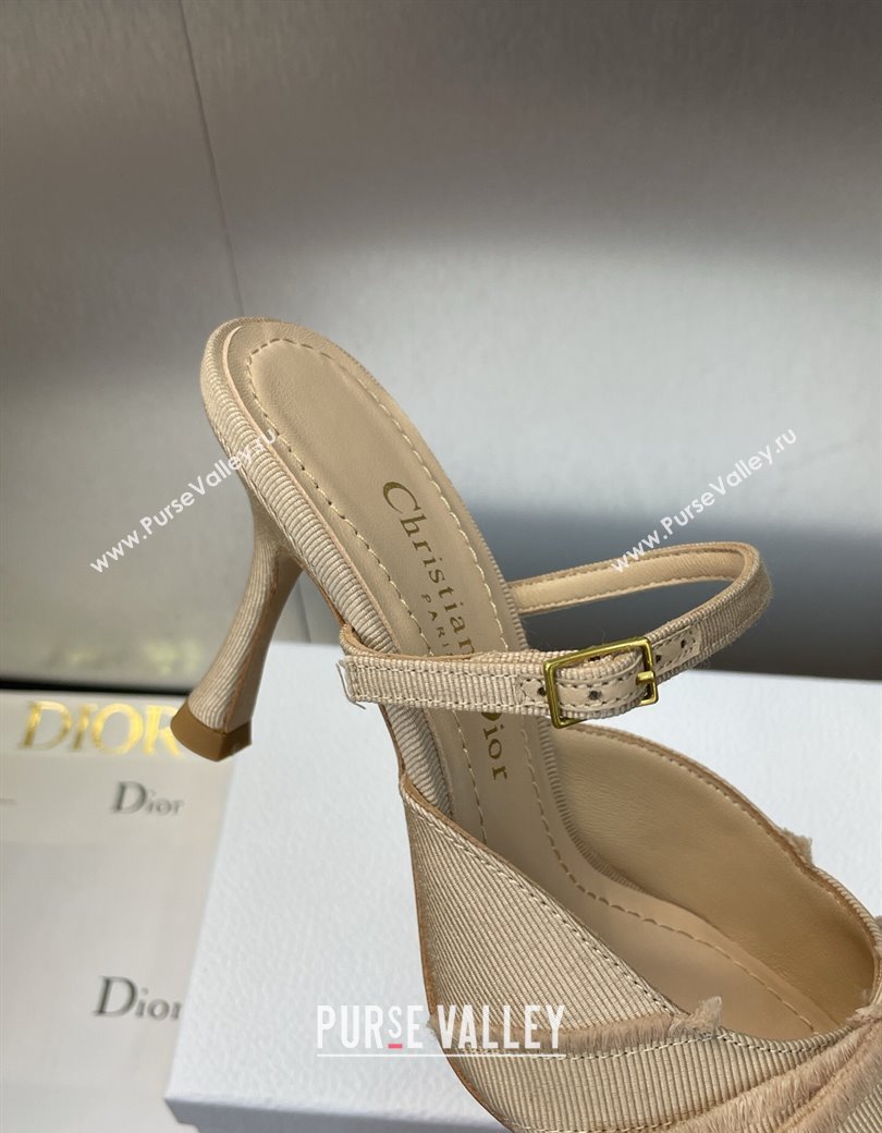 Dior Adiorable Heeled Strap Mules 7cm in Fringed Grosgrain with Pearls Bow Beige 2025 (JC-250822033)