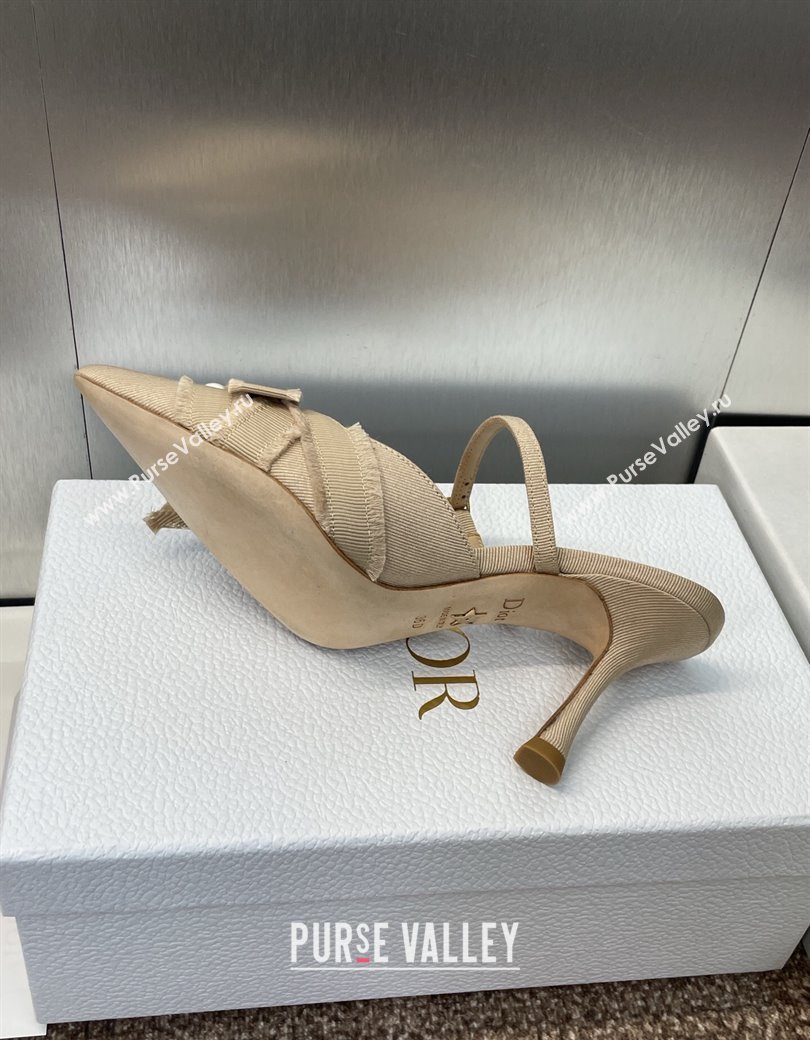 Dior Adiorable Heeled Strap Mules 7cm in Fringed Grosgrain with Pearls Bow Beige 2025 (JC-250822033)