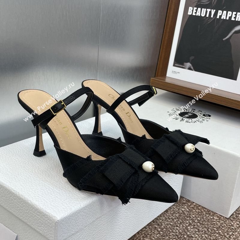 Dior Adiorable Heeled Strap Mules 7cm in Fringed Grosgrain with Pearls Bow Black 2025 (JC-250822034)