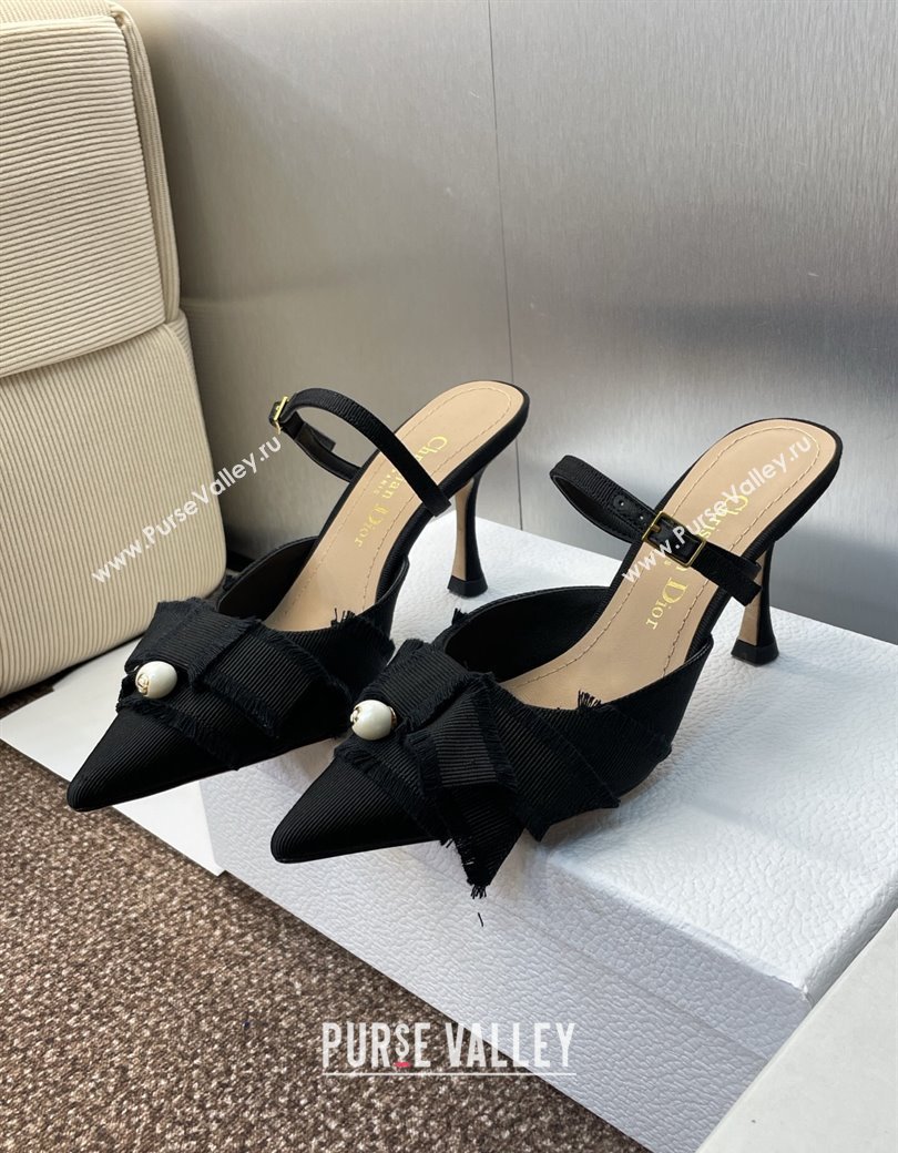 Dior Adiorable Heeled Strap Mules 7cm in Fringed Grosgrain with Pearls Bow Black 2025 (JC-250822034)