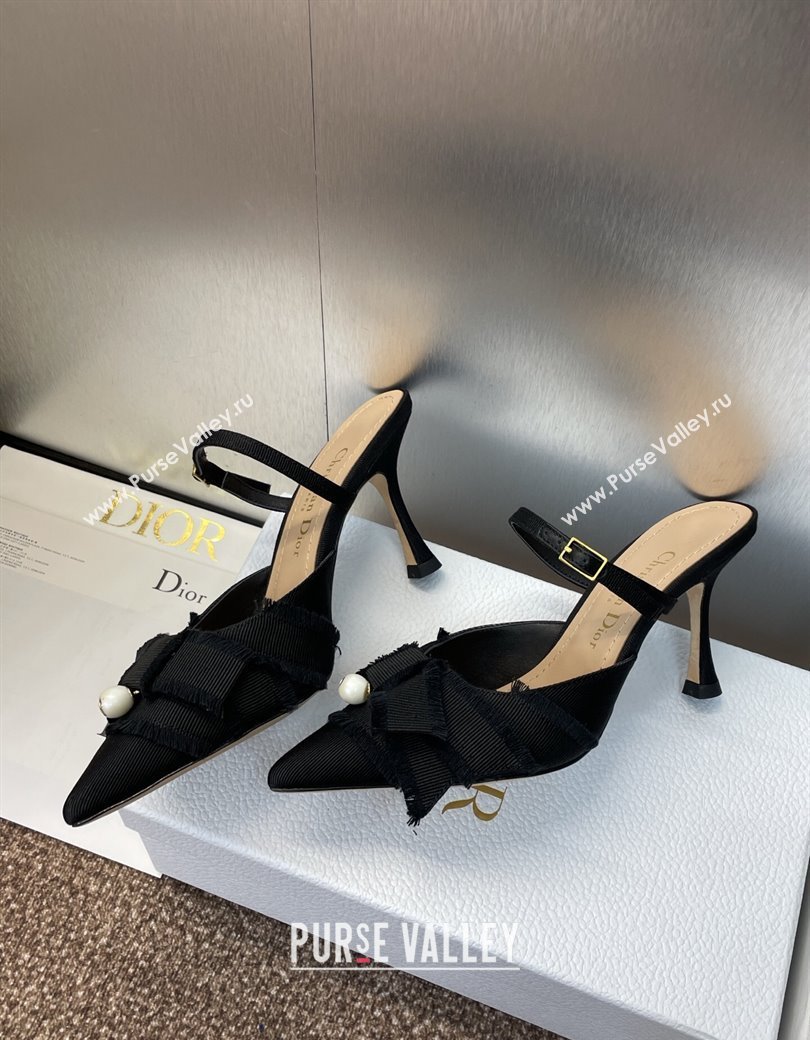Dior Adiorable Heeled Strap Mules 7cm in Fringed Grosgrain with Pearls Bow Black 2025 (JC-250822034)
