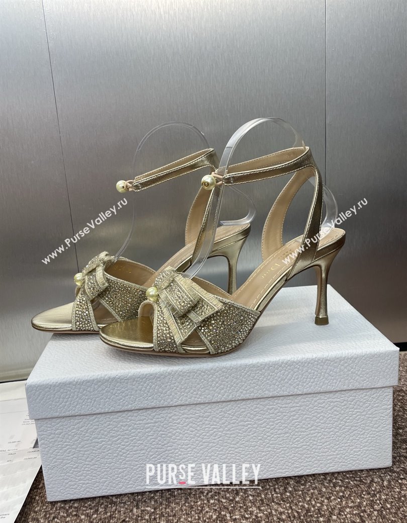 Dior Or Adiorable Heeled Sandals 7cm in Embroidered Cotton and Lambskin with Strass, Pearls and Bow Gold 2025 (JC-250822028)