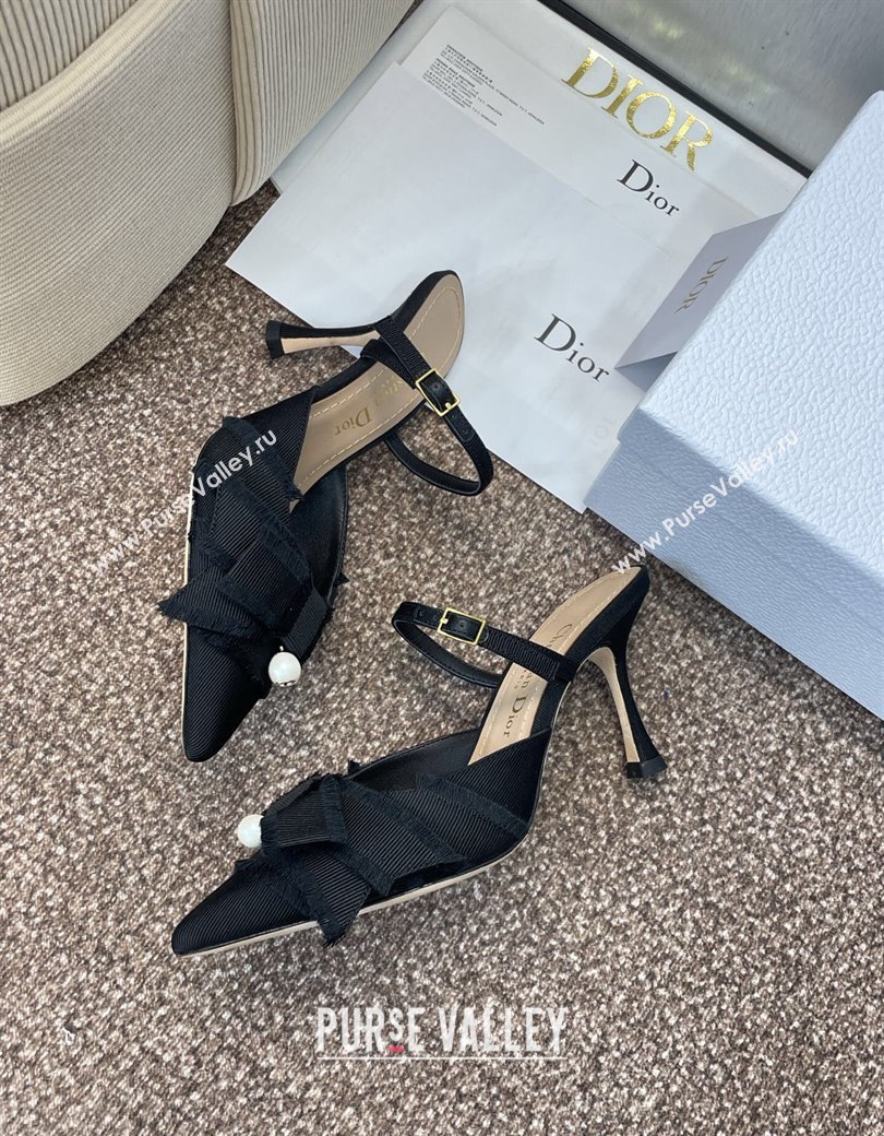 Dior Adiorable Heeled Strap Mules 7cm in Fringed Grosgrain with Pearls Bow Black 2025 (JC-250822034)