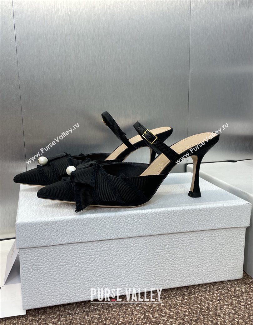 Dior Adiorable Heeled Strap Mules 7cm in Fringed Grosgrain with Pearls Bow Black 2025 (JC-250822034)