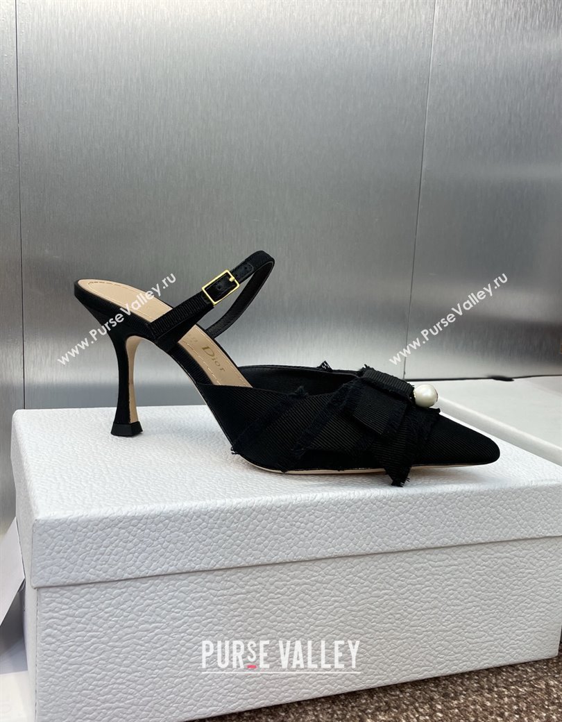 Dior Adiorable Heeled Strap Mules 7cm in Fringed Grosgrain with Pearls Bow Black 2025 (JC-250822034)