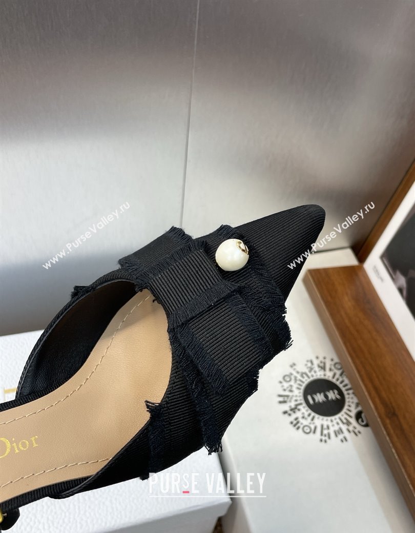 Dior Adiorable Heeled Strap Mules 7cm in Fringed Grosgrain with Pearls Bow Black 2025 (JC-250822034)