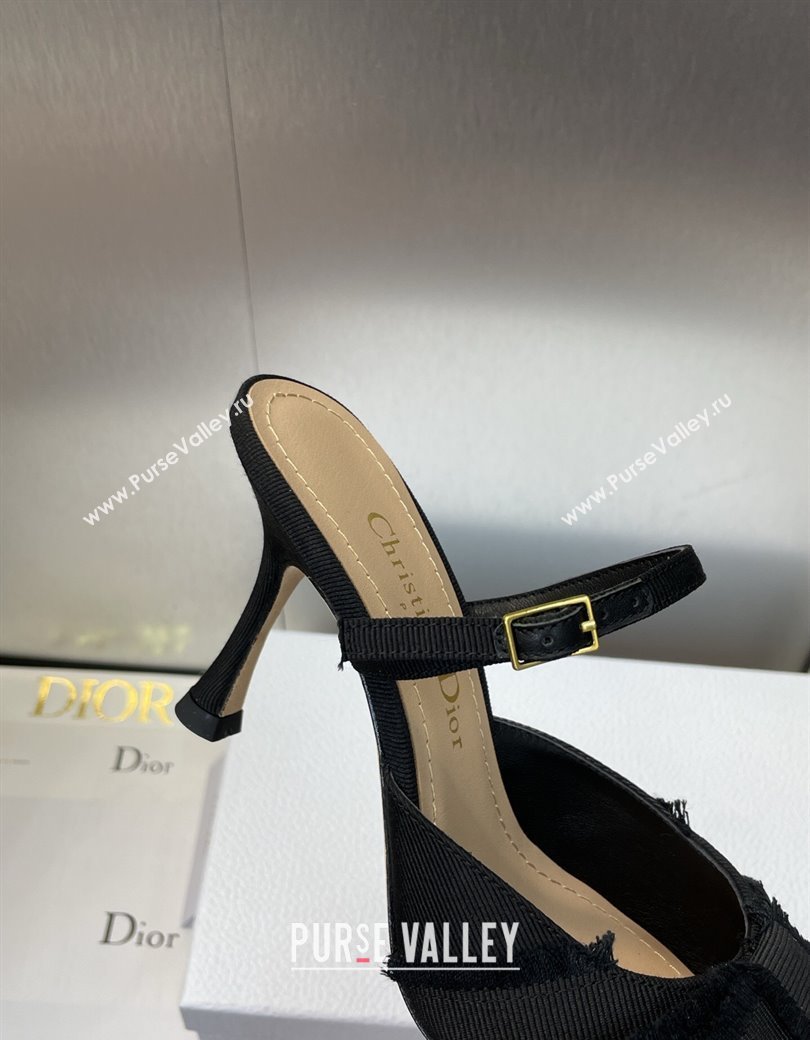 Dior Adiorable Heeled Strap Mules 7cm in Fringed Grosgrain with Pearls Bow Black 2025 (JC-250822034)